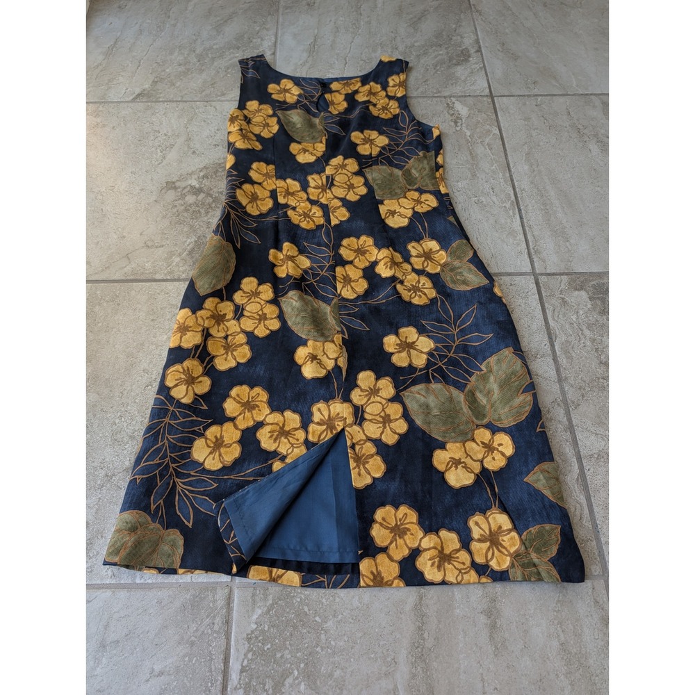 Tommy Bahama Silk Floral Shift Dress Size 12 | Navy & Mustard Tropical Resort - Picture 7 of 14